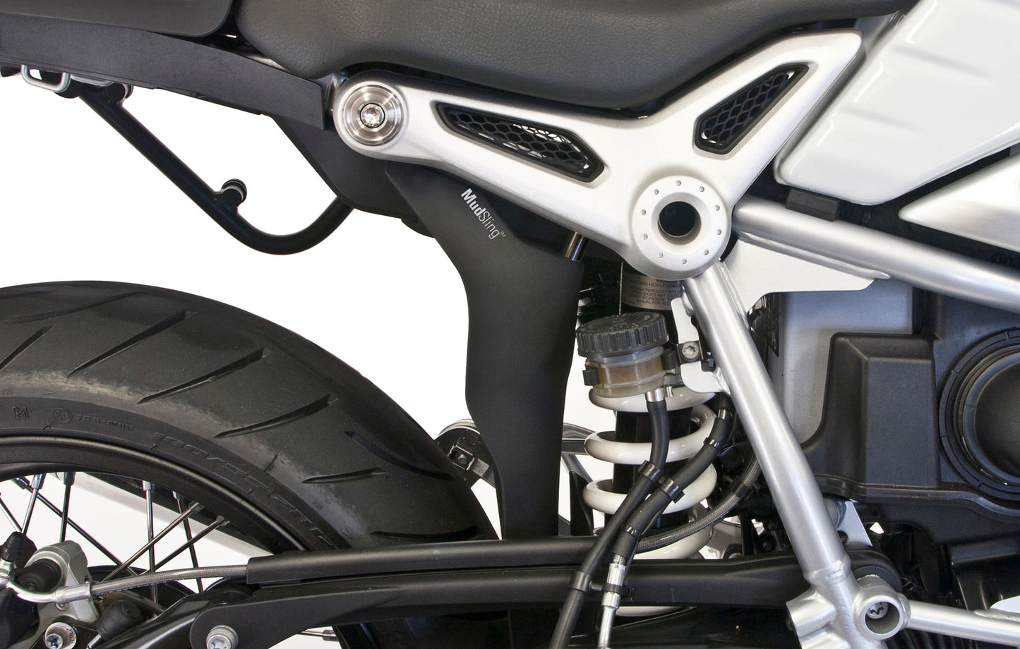 MudSling rear suspension guard for RnineT protects the shock from debris
