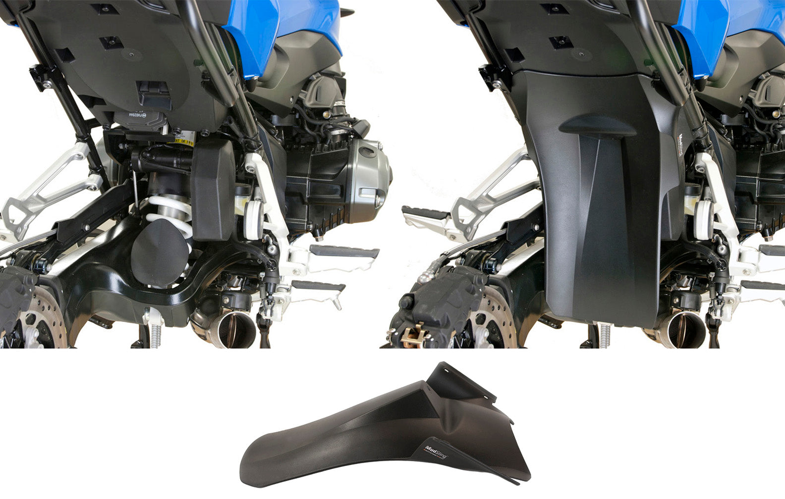 MudSling Rear Suspension Guard shown on and off BMW R 1200 R